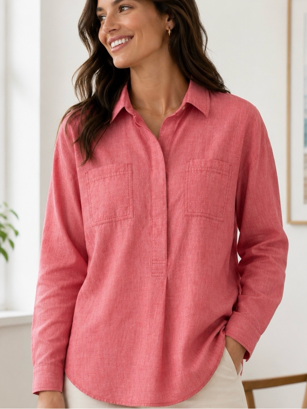 Lands’ End Women’s Casual Cotton Button-Front Red/Pink Tunic Top Large Coastal